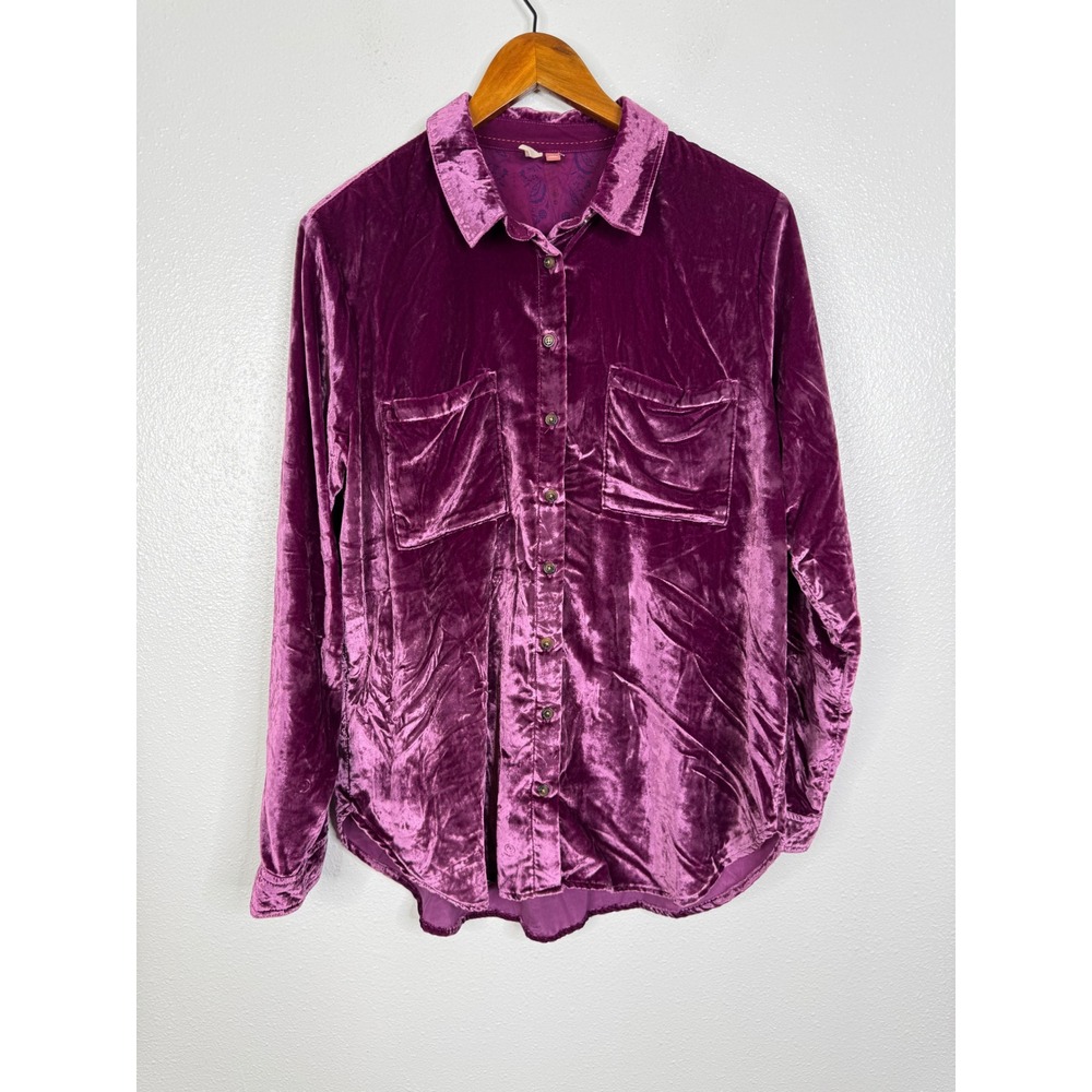 Pilcro Anthropologie Velvet Button Down Shirt Purple Plum Long Sleeve Top Medium